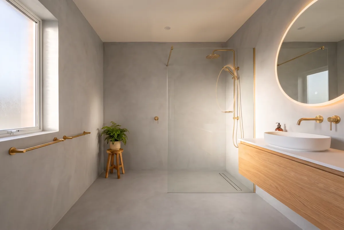 Fugenloser Boden in Betonoptik im Badezimmer mit nahtlosem Übergang zur Dusche