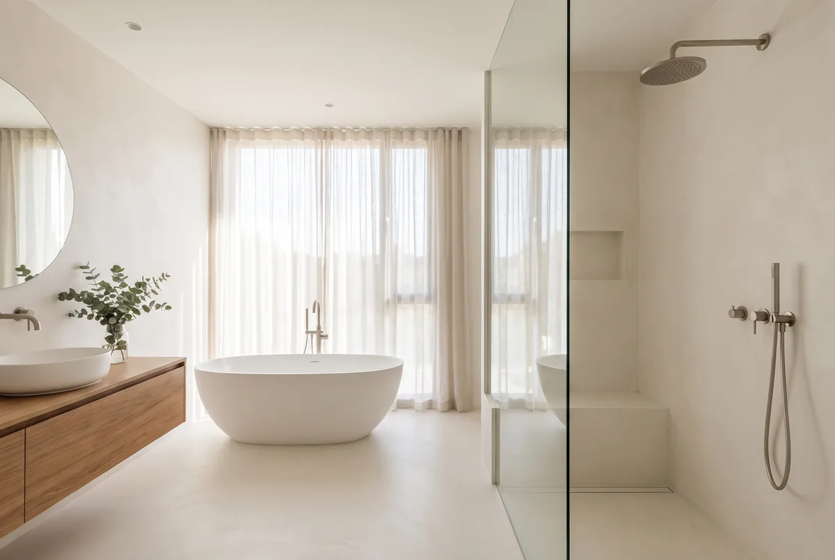 Badezimmer Renovation in Basel mit fugenloser Komplettsanierung in Warmweiss